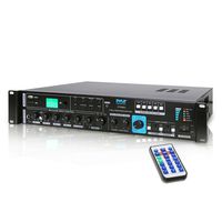 70V System Audio Power Amplifier - 700W Rack Mount Portable Home Stereo Sound Receiver Mixer System w/ 70V 100V Speaker Output, RCA AUX IN, USB, Mic Talkover - For Multi Speakers - Pyle PT930U