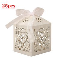 Lucky Monet 25/50/100PCS Love Heart Laser Cut Wedding Candy Gift Box Chocolate Box for Wedding Favor Birthday Party Bridal Shower with Ribbon (25pcs, Beige)