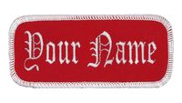 Name Patch Uniform Work Shirt Personalized Embroidered Red with White Border. Iron on.