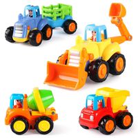 Coogam 4 Pack Friction Powered Cars Construction Vehicles Toy Set Cartoon Push and Go Car Tractor, Bulldozer, Cement Mixer Truck, Dumper for Year Old Boy Girl Toddler Baby Kid Gift