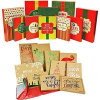 20 Pack Christmas Holiday Multi Color Kraft Gift Boxes and Tissue Paper Bundle with Foil Designs