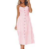 【MOHOLL】 Women's Dresses-Summer Floral Bohemian Spaghetti Strap Button Down Swing Midi Dress with Pockets Pink