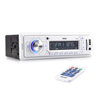Pyle Stereo Marine Headunit Receiver - 12v Single DIN Style Digital Boat in Dash Radio System with MP3, USB, SD, AUX, RCA, AM FM Radio - Remote Control, Power Wiring Harness - PLMR18 (White)