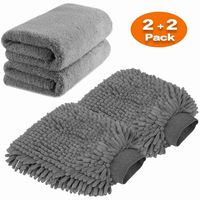 Large Size Car Wash Mitt - Premium Chenille Microfiber Wash Gove and Microfiber Towels - Lint Free - Scratch Free （2X Towels + 2X mitt）
