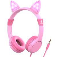 iClever Kids Headphones Over Ear, LED Backlight, Safe Wired Kids Headsets 85dB Volume Limited, Food Grade Silicone, 3.5mm Aux Jack, Cat-Inspired Headphones for Kids, Pink, Small