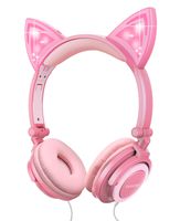Kids Cat Ear Headphones for Girls Tablet School Supplies Gifts, Light Up Wired Adjustable Kids Headphones Foldable Over Ear Game Headset for Travel Birthday Christmas(Peach)