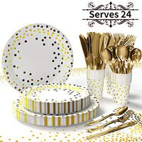 169 Pcs Gold Party Supplies Set - Disposable Gold Dot Paper Plates Dinnerware Serves 24 - Plates Napkins Cups with Gold Plastic Silverware Sets Table Cover for Baby Shower Birthday Parties Wedding