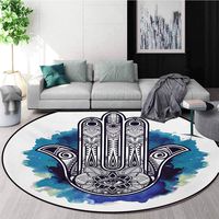 RUGSMAT Evil Eye Luxury Round Area Rugs,Hamsa On Watercolor Brushstrokes Backdrop Amulet Floral Elements Super Soft Living Room Bedroom Carpet Woman Yoga Mat,Round-47 Inch Dark Blue Pale Blue White