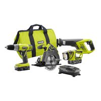 Ryobi P883 One+ 18V Lithium Ion Cordless Contractor's Kit (8 Pieces: 1 x P704 Worklight, 1 x P515 Reciprocating Saw, 1 x Circular Saw, 1 x P271 Drill / Driver, 2 x Batteries, 1 x Charger, 1 x Bag)