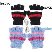DECVO USB 2.0 Powered Stripes Heating Pattern Knitting Wool Heated Gloves Fingerless Hands Warmer Mittens Laptop Computer Warm Gloves for Women Men Girls Boys 2 Pack (Black+Blue)
