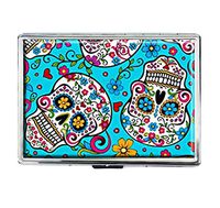 Sugar Skulls Day of The Dead Design Stainless Steel ID Cigarettes Case Holder Stylish Credit Card Wallet