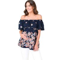 FRana Maternity Shirts for Women Daily Short Sleeve Tops Breastfeeding Off Shoulder Floral Printed T-Shirt Blouse Navy