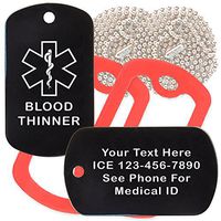 Custom 2 Pack - Blood Thinner Medical Alert ID Necklaces with Black Custom Tags, Red Silencers, and 30'' USA Chains