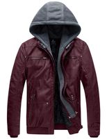 Wantdo Men's Faux Leather Jacket with Removable Hood Wine Red Medium