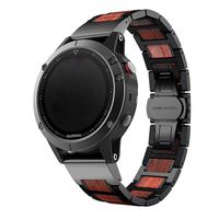 LDFAS Fenix 6 Pro/5 Plus Band, Natural Wood Red Sandalwood Black Stainless Steel Metal Watch Band, 22mm Quick Release Easy Fit Strap Compatible for Garmin Fenix 5 6 Pro/Forerunner 935/945 Smartwatch