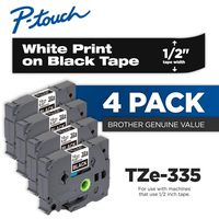 Brother Genuine P-Touch 4-Pack TZe-335 Laminated Tape, White Print on Black Standard Adhesive Laminated Tape for P-Touch Label Makers, Each Roll is 0.47"/12mm (~ 1/2") Wide, 26.2 ft. (8M) Long