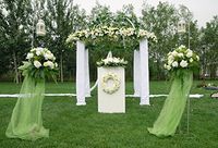 Laeacco Wedding Ceremony Photography Background 7x5ft Arch Flowers Bouquet Outdoors Wedding Scene Celebration Party Invitation Background Green Grassland Trees Natural Landscape Backdrops