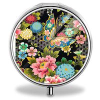 Personalized Durable Stainless Steel Pill Box Case for Pocket or Purse(Flowers and Butterfly)