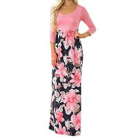 iLUGU Women's Floral Print Three Quarter Sleeve Casual Tunic Long Boho Maxi Dress