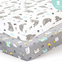 Stretchy-Crib-Sheets-Set-BROLEX 2 Pack Portable Crib Mattress Topper for Baby Boys Girls,Ultra Soft Jersey Knit,Owl & Bear