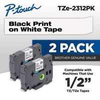 Brother Genuine P-touch, TZE2312PK, 1/2" (0.47") Standard Laminated P-Touch Tape, Black on White, Laminated for Indoor or Outdoor Use, Water Resistant, 26.2 Feet (8M), 2-Pack