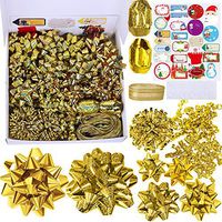 48 Set Christmas Metallic Shiny Holographic Gold Gift Bows Ribbon Assortment Holiday Present Bows Gift Wrapping Package Bows Little Medium Big PVC Bows for Xmas Season Party Gift Baskets Bottle Décor