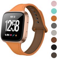 DAIKA Leather Bands Compatible with Fitbit Versa/Versa 2/Versa Lite for Women Men Slim Soft Replacement Strap for Fitbit Versa Smart Watch(S/5.5"-6.8",Orange)