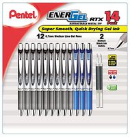 Pentel EnerGel RTX Retractable Metal Tip Pen, 0.7mm, 9 Black Ink, 3 Blue Ink with 2 Refills (BL77O14C)