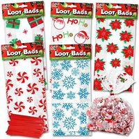 Christmas Cellophane Bags 150 Pack With Twist Ties Holiday Favor Treat Gift Goodie Cello Bags For Party Candy Cookies, 6 Assorted Styles; Peppermint Poinsettia Snow Flake Santa Snowman Gift Box Design