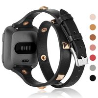 Wearlizer Leather Double Tour Band Compatible with Fitbit Versa/Versa 2 /Versa Lite/Versa SE Women Men,Slim Genuine Leather Rivet Watch Bands Compatible for Fitbit Versa（Black）