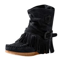 Women's Moccasins Ankle Boots,Tsmile Retro Chic Suede Adjustable Buckle Round Toe Tassel Fringe Flat Short Boots Black
