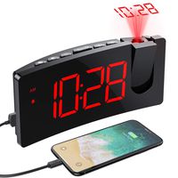 PICTEK Projection Alarm Clock, 4 Dimmer, Digital Clock with USB Phone Charger, Easy to Use, Clear Big Red Digit, 5'' LED Curved Screen, 180° Rotable, Digital Alarm Clocks for Bedrooms (Red)