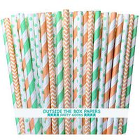 Outside the Box Papers Peach and Mint Green Chevron Polka Dot and Striped Paper Straws 7.75 Inches 100 Pack Peach, Mint Green