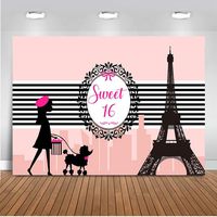 Mehofoto Paris Sweet 16 Backdrop Girl's 16th Birthday Party Photography Background 7x5ft Pink Paris Eiffel Tower 16th Birthday Party Banner Supplies Backdrops
