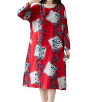 BOOMJIU Women Plue Size Long Sleeve Patchwork Cotton Linen Loose Print Dress