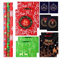 Christmas Gift Bags and Wrapping Paper Set for Holiday Gift – 3 Wrapping Paper Rolls and 10 Gift Bags – 5 Different Sizes Gift Bags – Traditional Christmas Designs – Ideal for Family Christmas Gifts