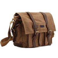 Kattee Men's Canvas Cow Leather DSLR SLR Vintage Camera Shoulder Messenger Bag Khaki