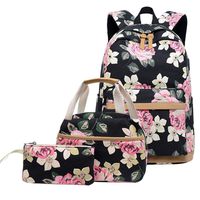 KaixinRoom 3 Pcs Backpack Set Teen Girls Floral Print School Bags USB Laptop Daypack Portable Lunch Bags Purse (Black)