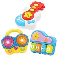 Portable Set of 3 (Piano, Bongo Drums, Guitar) Educational Toy for Music Learning and Entertainment for Ages 18 Months to 4 Years.