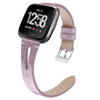 Shangpule Compatible with Fitbit Versa/Versa 2/Versa Lite Edition Bands, Genuine Leather Shiny Bling Replacement Strap Wristband for Versa Smart Watch Women Men Large Small (Shiny Light Purple)