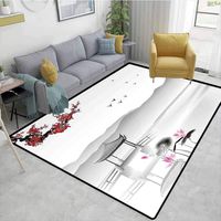 Animals Area Rug Anti Slip Pad, Japanese Style Garden Bird and Small Pavilion Over The Lake Lotus Waterlily, Easy Maintenance Area Rug Living Room Bedroom Carpet(8'x 10')