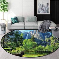 RUGSMAT Yosemite Modern Machine Round Bath Mat,Mountain Waterfall Forest Coffee Table Mat Non-Skid Living Room Carpet Diameter-35