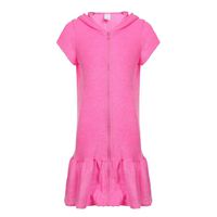 DAYU Girls Terry Ruffle Hem Swim Cover Ups Hooded Zip Front Short Sleeve Swim Robe, Pink, 6-6X
