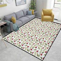 YucouHome Mushroom Chevron Area Rug for Nursery, Watercolor Pattern Green Leaves Forest Elements Botanical Woodland Theme, Fashionable High Class Living Bedroom Rugs(3'x 5') Reseda Green Ruby