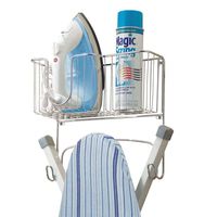 mDesign Metal Wall Mount Ironing Board Holder with Large Storage Basket - Holds Iron, Board, Spray Bottles, Starch, Fabric Refresher for Laundry Rooms - Chrome