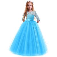 IBTOM CASTLE Spring Flower Girl Wedding Bridesmaid 3/4 Sleeves Kids Floral Lace Pageant Communion Princess Dress Prom Evening Dance Gown Dark Blue 13-14 Years