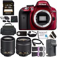 Nikon D3300 DSLR Camera with AF-P 18-55mm VR Lens (Red) 1533 + Nikon 55-200mm f/4-5.6G ED VR II Lens + Rechargable Li-Ion Battery + Charger + Sony 128GB Card + HDMI Cable + Case + Remote Bundle