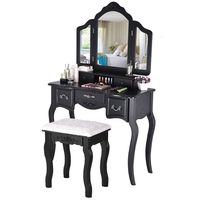 Fine Beautiful Dressing Table & 3 Mirrors,Large Tri-Folding Necklace Hooked Mirrors,5 Drawers Makeup Dress Table with Cushioned Stool Set (Black)