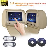 2x9 inch Touch Screen 1080P Car Headrest DVD Player Video Monitor with Leather Cover Zipper FM&IR Transmitter Games for Kids Road Trips Entertainment System (Beige)