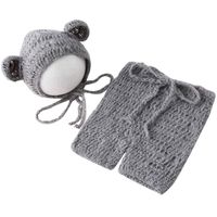 Baby Photography Props Bear Hat Pants Boy Girl Photo Shoot Outfits Newborn Crochet Costume Infant Knitted Clothes Mohair Set (Grey)